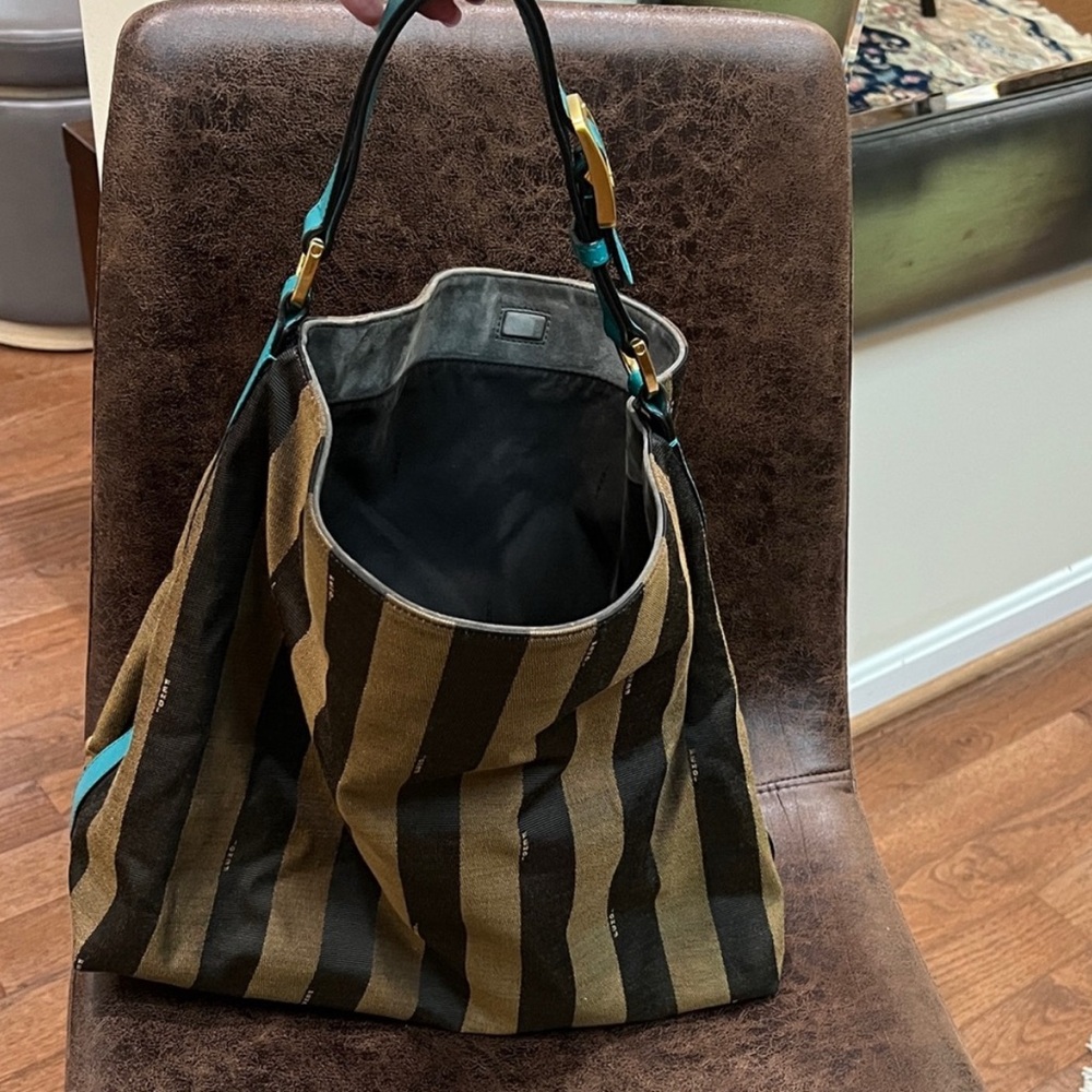 Fendi Pequin Stripe Black with Gold Text Label and Blue Strap
